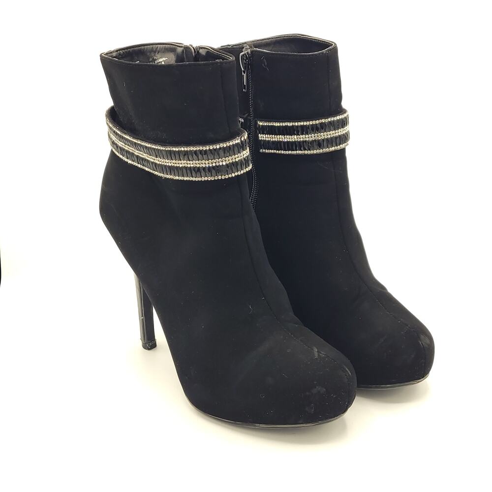 Madeline Stuart black suede heels ankle booties rhinestone strap women's size 8 - Picture 2 of 9